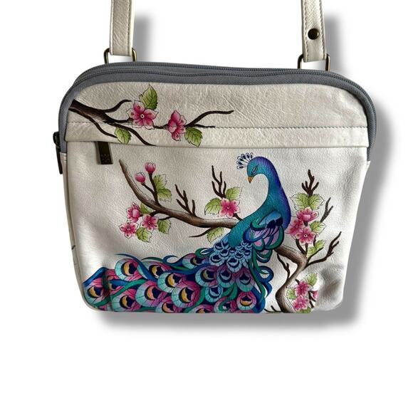 Anuschka White Peacock Bliss Medium Crossbody Leather Hand Painted Purse RFID - Picture 1 of 14